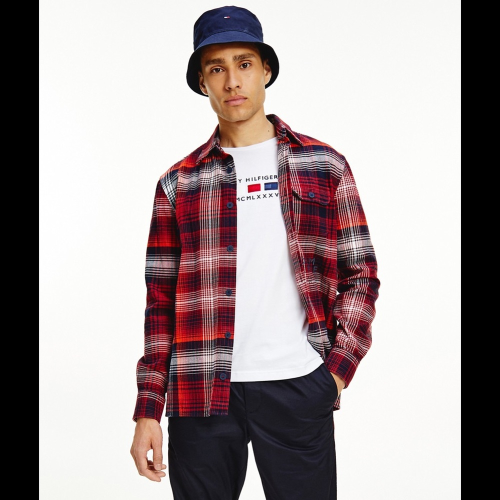 Vintage Tommy Hilfiger Red & Black Plaid Shadow Check Button Down Flannel Shirt - Picture 1 of 12